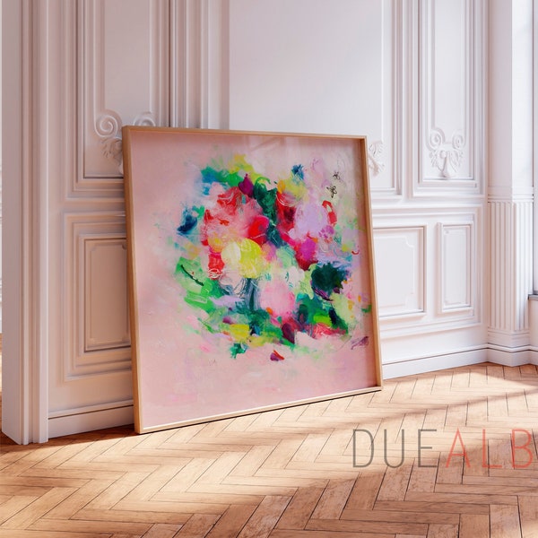 Art mural abstrait, impression de peinture rose vert rose abstrait, grande oeuvre d'art abstraite, décoration murale bohème éclectique, art mural couleurs pastel