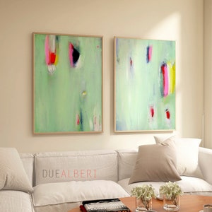Set of two Extra large wall art, mint green pastel pink wall art. mid century modern abstract Painting print, set of 2 abstract art