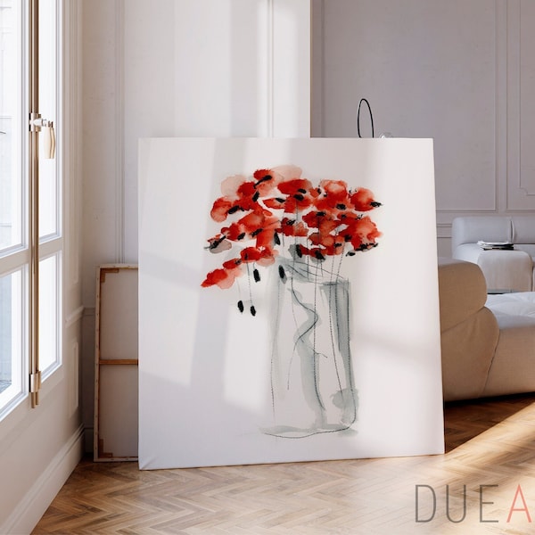 Grande peinture abstraite sur toile colorée, décoration d'intérieur coquelicot, peinture à l'aquarelle coquelicot. Peinture florale, grand cadeau d'impression d'art pour la maison