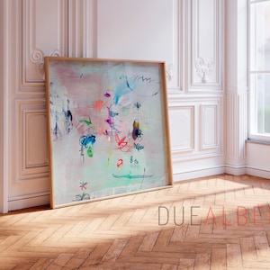 Pastel green pink floral painting Print, colorful eclectic modern contemporary abstract wall art print, Statement living room wall art