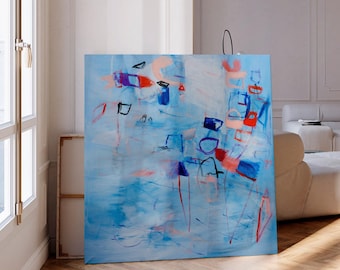 Pale Blue Coral Abstract Art Print, Large Square Modern Giclee Wall Art