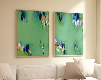 Modern set 2 abstract prints, pastel green blue wall art, Modern crative art, Trendy aesthetic large wall art, painting print set of two