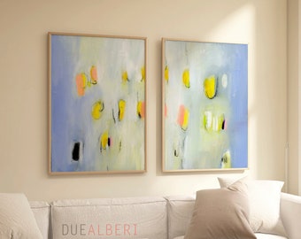 Abstract art set of 2, Extra large absract painting, Modern wall art set, Pastel colors wall art set, pale blue wall art print set of two