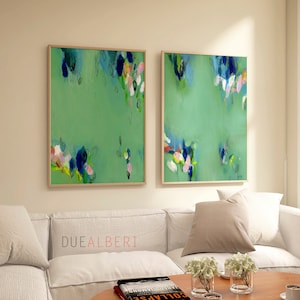 Modern set 2 abstract prints, pastel green blue wall art, Modern crative art, Trendy aesthetic large wall art, painting print set of two