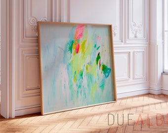 Pastel green wall art painting print, Extra large abstract print, Vibrant yellow wall decor, Extra large abstract painting