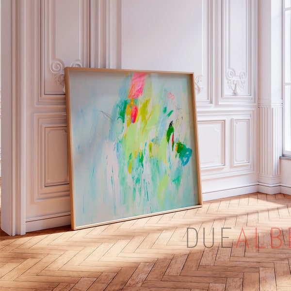 Pastel green wall art painting print, Extra large abstract print, Vibrant yellow wall decor, Extra large abstract painting