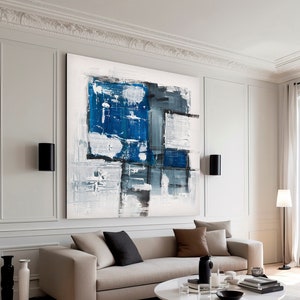 Abstract Luxury wall art decor, Dark blue white textured painting print, Extra large modern abstract artwork, eclectic contemporary art