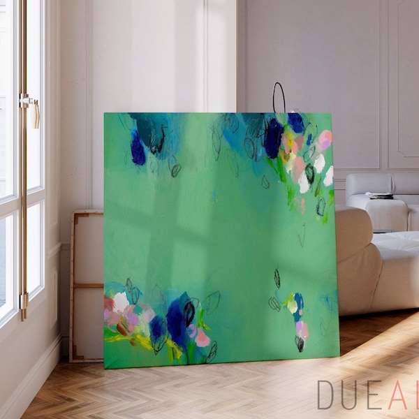 Lily Pond abstracte kunstprint, minimalistische smaragdgroene pasteltinten Giclée
