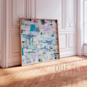 Abstract painting print, Neutral colors large wall art, Blue and multicolor abstract painting