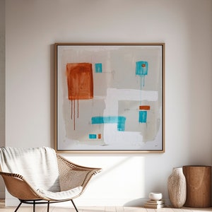 Unique original abstract art print, minimalist beige blue orange abstract painting wall art, industrial textured wall art for living room