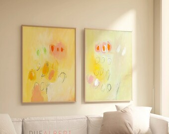 Abstract prints set of 2, Yellow and pink wall art wall art, Minimalist modern abstract painting, light pink yellow Extra large art