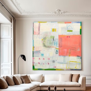 Abstract modern wall art print, Large coral beige and green joyful abstract painting, Bright multicolor eclectic wall art