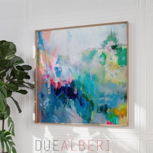 Large abstract blue pink teal painting colorful Canvas, Large Abstract Print painting. Canvas painting, large art print gift for the home image 2