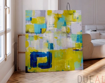 Bright and vibrant yellow abstract artwork, original painting on stretched canvas, modern yellow blue abstract art, colorful geometric art