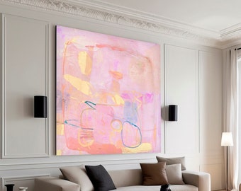 Abstract art print light pink pale yellow textured painting , Extra large wall art print, minimalist art print for living room