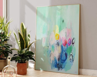 Mintgrönt abstrakt konsttryck, turkosblå väggkonst, pastell abstrakt målning, stor canvasdekor