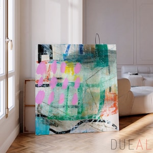 Green and pink abstract landscape print, Tropical scenery, Large wall art painting, Extra large wall art, green artwork, colorful paining