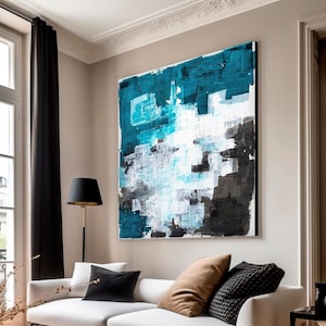 Abstract original painting, Bright blue large abstract wall art, Modern Trendy aesthetic wall art painting
