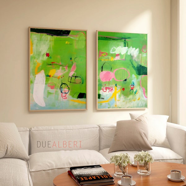 Ensemble de deux tableaux modernes verts, couleurs pastel vert citron rose et jaune, grand tableau abstrait vertical ou carré