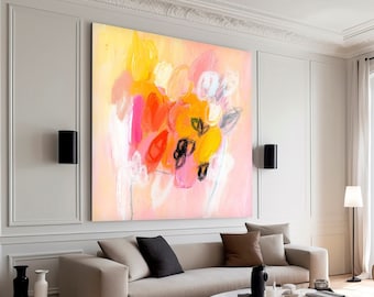 Abstract art print light pink yellow textured painting, Extra large wall art print, Minimalist Canvas decor for living room, large wall art