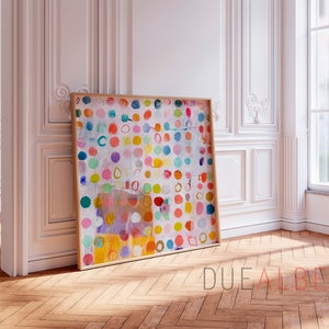 Fun vivid colorful Abstract painting print, Vibrant blue and multicolor abstract wall art, Eclectic wall decor, bright colorful dots
