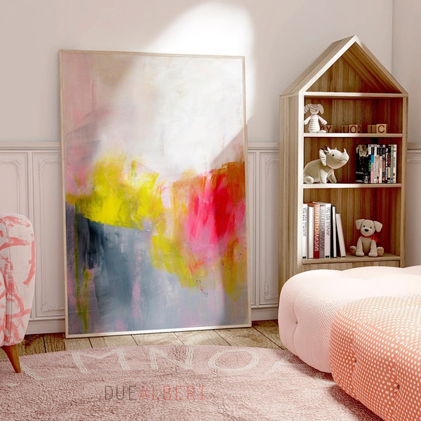 abstract painting wall art, pink and yellow large canvas print, contemporary wall art for living room, 60x40 art print