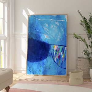 Modern bright blue abstract wall art print, Large blue and multicolored joyful abstract painting, Bright colorful eclectic wall art