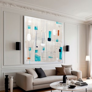 Stampa astratta di colore bianco sporco e azzurro, arte astratta moderna extra large, decorazione da parete eclettica per il soggiorno, arte quadrata orizzontale