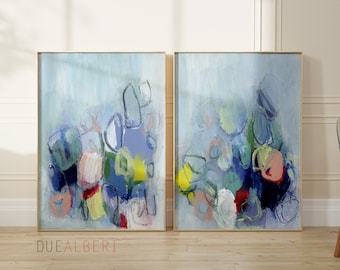 Abstract prints set of 2, light Blue pink white floral set of two, Set of 2 large prints, trendy modern Extra Large wall art print set