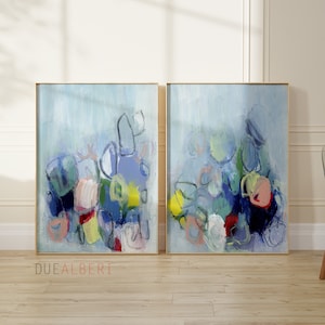 Abstract prints set of 2, light Blue pink white floral set of two, Set of 2 large prints, trendy modern Extra Large wall art print set