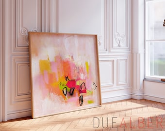 Light pink abstract art, Minimalist aesthetic trendy apartment wall decor, Extra large abstract painting, Pink yellow green art