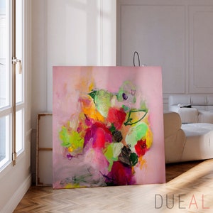 Floral wall art print, Abstract botanical print, Extra large tropical painting, Tropical wall art, Green and pink floral art, painting gift