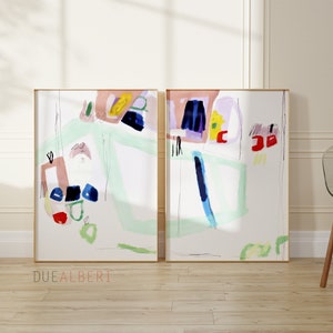 Wall art set of 2 prints. mid century modern abstract painting  Extra large wall art, light pastel colorful green pink and blue vertical art