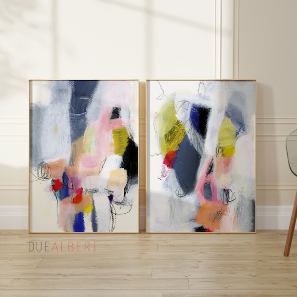 Colorful abstract painting, blue pink wall art set of two, Abstract art prints, multicolor pastel geometric painting, gift for home decor