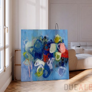 Modern light blue abstract wall art print, Large blue and multicolor joyful abstract painting, Bright colorful eclectic wall art