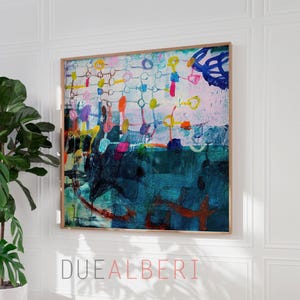 Niebieski abstrakcyjny wydruk artystyczny, turkusowa kolorowa sztuka ścienna, duże płótno giclée