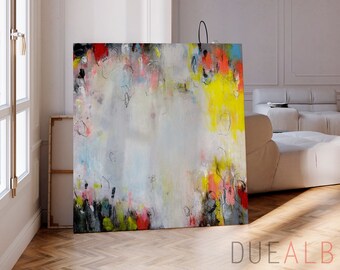 Abstract wall art, Yellow coral gray painting print, Extra large modern abstract artwork, Eclectic boho wall art decor, pastel colors art