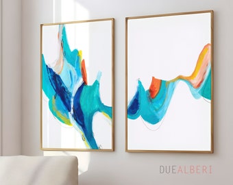 Large Abstract painting, canvas Large abstract print Set of two prints, pastel blue teal abstract geometric living room large wall art decor