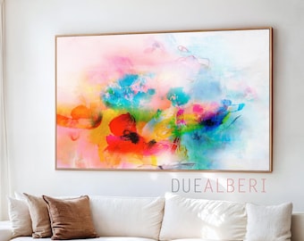 Stampa artistica astratta floreale rosa e blu, decorazione murale dai colori pastello, grande dipinto moderno