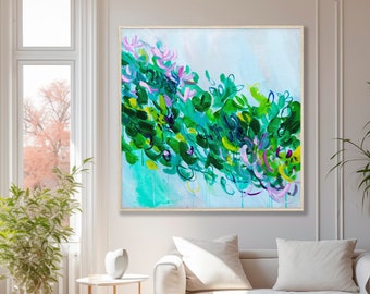 Abstract modern art , tropical wall art, blue and green print, abstract painting floral large wall art, Green colorful landscape painting