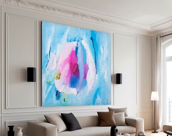 Abstract art print, Bright pastel blue and pink modern abstract painting, Statement living room wall art, Minimalist blue pink art