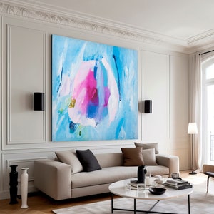 Abstract art print, Bright pastel blue and pink modern abstract painting, Statement living room wall art, Minimalist blue pink art image 1