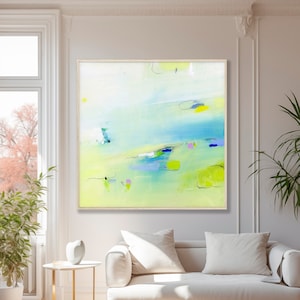 Abstract painting with light colours, Green light blue art, Modern contemporary abstract wall art print, Statement living room wall decor