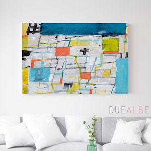 Colorful abstract painting, light blue and orange textured wall art, large abstract art print for living room decor