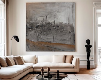 Original Abstract Cityscape Painting, Earth Tones Canvas Art, 12x12
