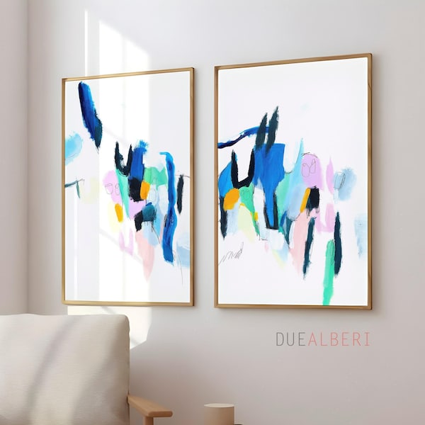 Pastel Blue Pink Abstract Print Set of 2, Mid Century Wall Art
