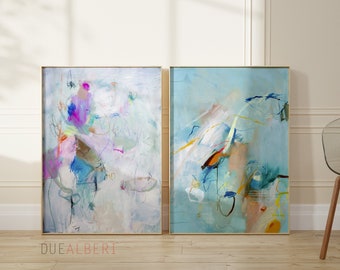 Set of two Prints, acqua powder blue and teal abstract painting set of 2 for Office wall art beach decor and living room art above couch