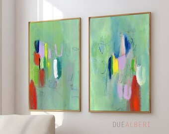 Modern set 2 abstract prints, pastel green purple wall art, Modern crative art, Trendy aesthetic large wall art, Abstract painting print set