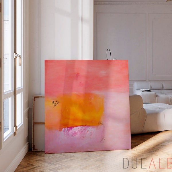 Orange and pink abstract painting colorful Print, Coral pink painting, pastel pink canvas print, extra large abstract wall art print