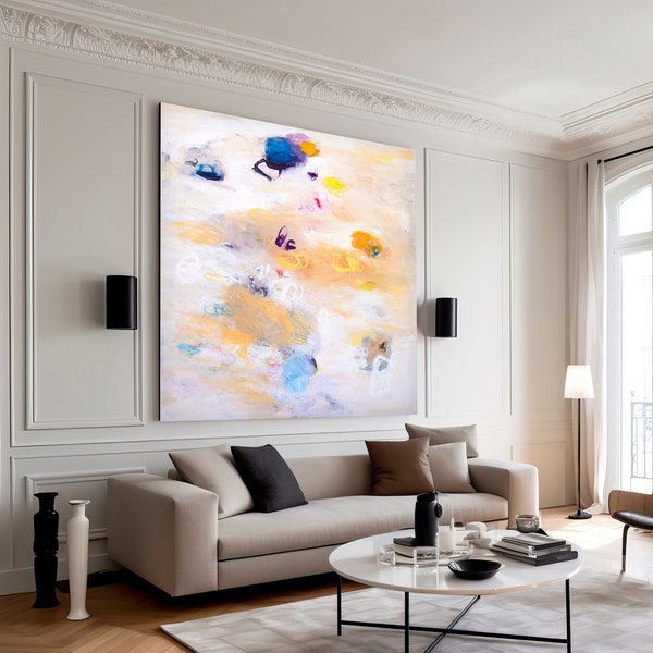 Impresión de pintura abstracta, arte abstracto minimalista beige oro azul claro, decoración de pared moderna, arte de pared extra grande